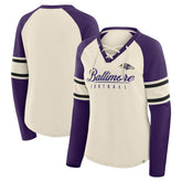 Baltimore Ravens Women's Hometown Gridiron Hero Raglan Lace-Up V-Neck Long Sleeve T-Shirt Cream/Purple | Fanatics