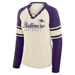 Baltimore Ravens Women's Hometown Gridiron Hero Raglan Lace-Up V-Neck Long Sleeve T-Shirt Cream/Purple | Fanatics
