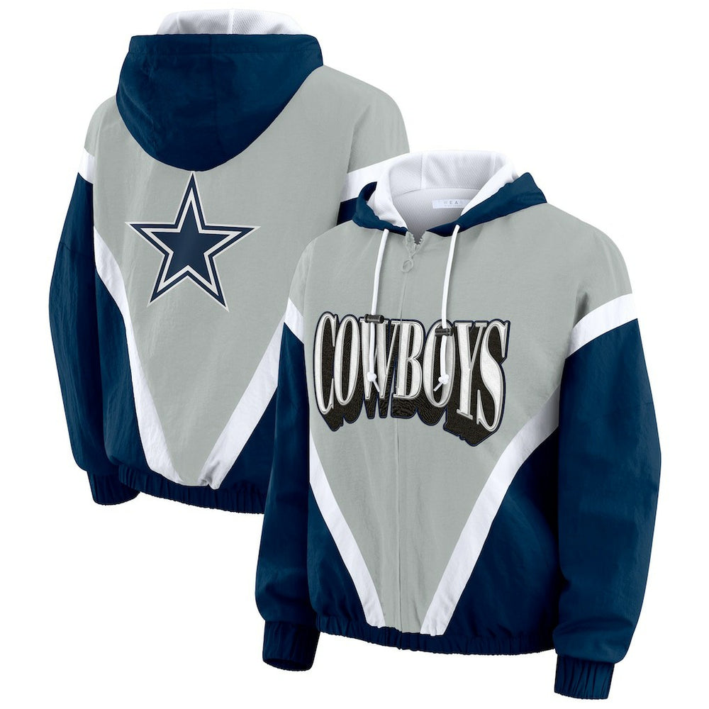 Dallas Cowboys WEAR by Erin Andrews Women's Plus Size Retro Crinkle Full-Zip Hoodie Windbreaker Jacket Navy/Gray | NFL