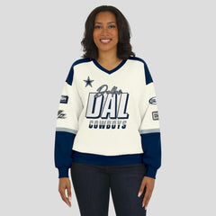 Dallas Cowboys WEAR by Erin Andrews Women's Racing Crew V-Neck Sweatshirt Cream | NFL