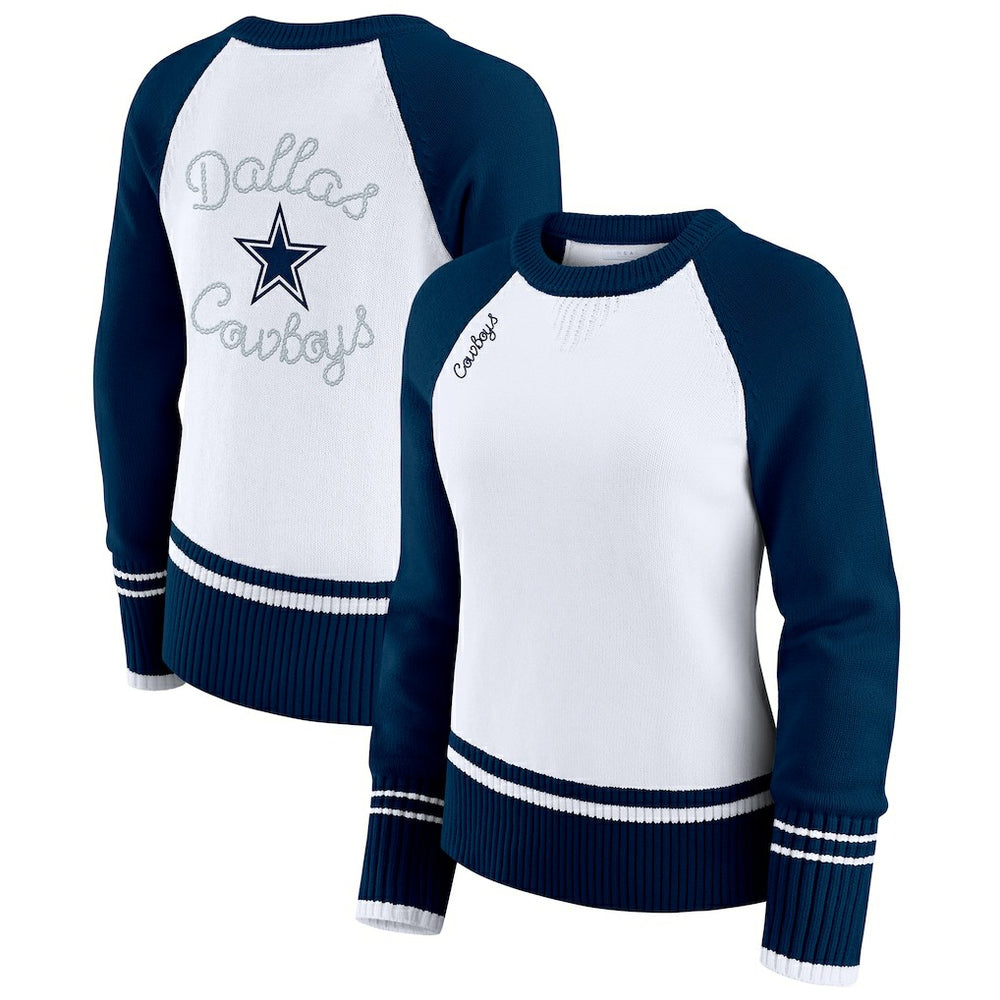 Dallas Cowboys WEAR by Erin Andrews Women's Colorblock Raglan Sweater White/Navy | NFL