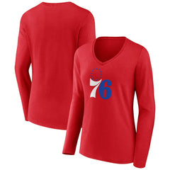 Philadelphia 76ers Women's Primary Logo Long Sleeve V-Neck T-Shirt Red - NBA