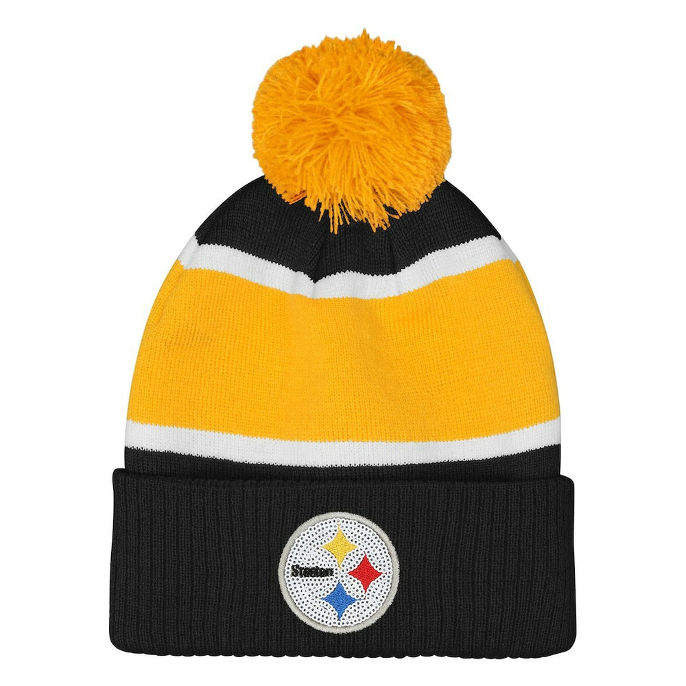 Pittsburgh Steelers Outerstuff Girls Let's Play Cuffed Knit Hat with Pom Black | NFL
