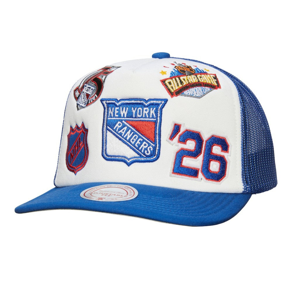 New York Rangers Mitchell & Ness Gridlock Trucker Adjustable Hat - White/Blue - NHL