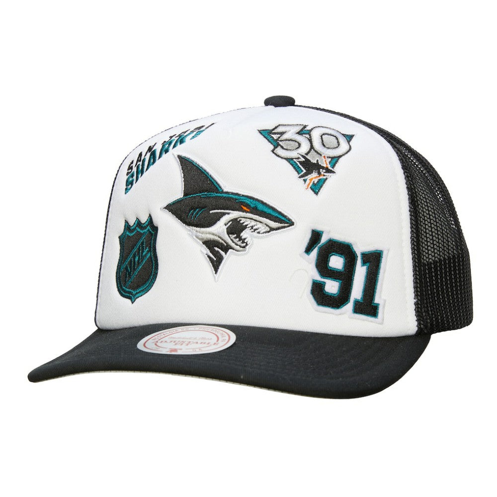 San Jose Sharks Mitchell & Ness Gridlock Trucker Adjustable Hat - White/Black - NHL