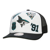 San Jose Sharks Mitchell & Ness Gridlock Trucker Adjustable Hat - White/Black - NHL