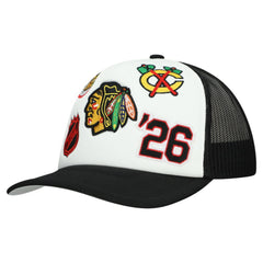 Chicago Blackhawks Mitchell & Ness Gridlock Trucker Adjustable Hat - White/Black - NHL