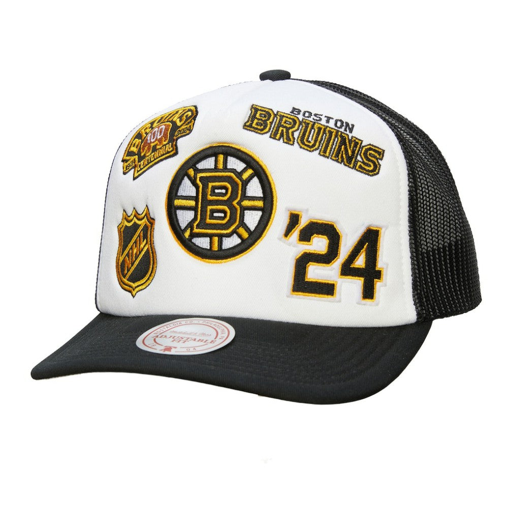 Boston Bruins Mitchell & Ness Gridlock Trucker Adjustable Hat - White/Black - NHL