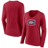 Montreal Canadiens Women's Primary Logo Long Sleeve V-Neck T-Shirt - Red - NHL
