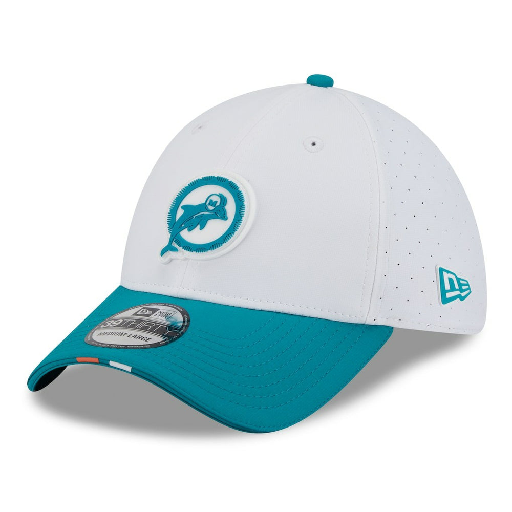 Miami Dolphins New Era 2025 NFL Training Camp Throwback Logo 39THIRTY Flex Hat White/Aqua | NFL