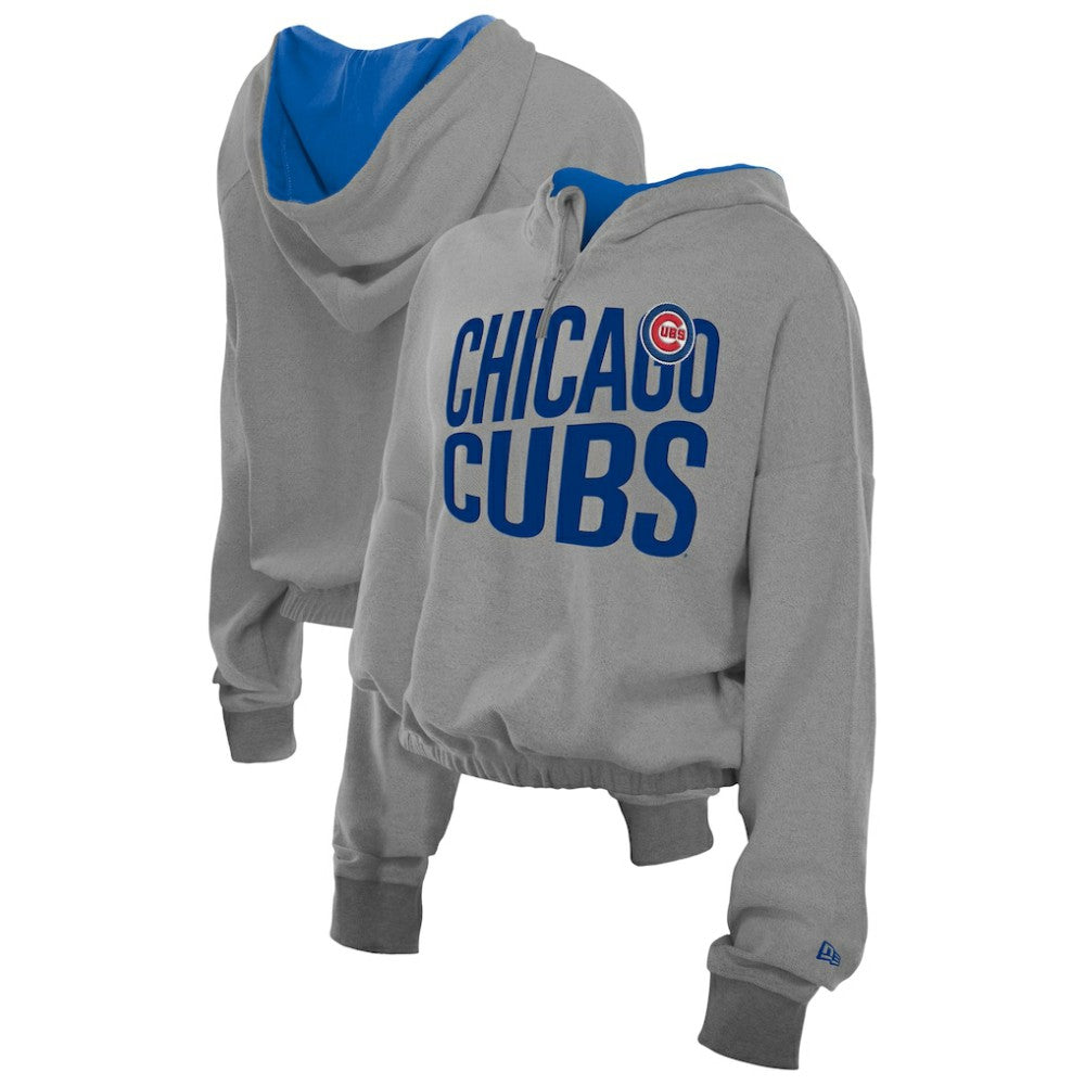 Chicago Cubs New Era Women's Reversed Out French Terry Quarter-Zip Banded Crop Hoodie - MLB