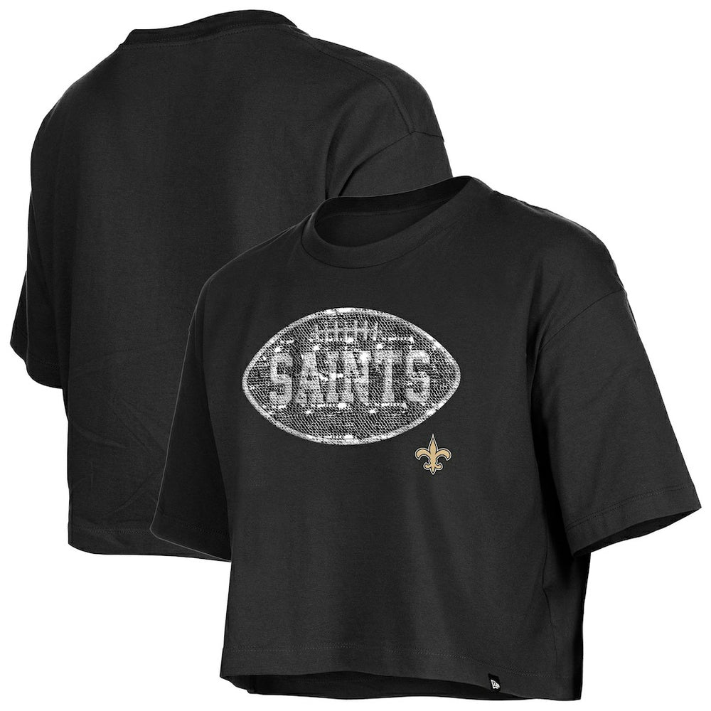New Orleans Saints New Era Girl's Flip Sequin Boxy T-Shirt Black | NFL