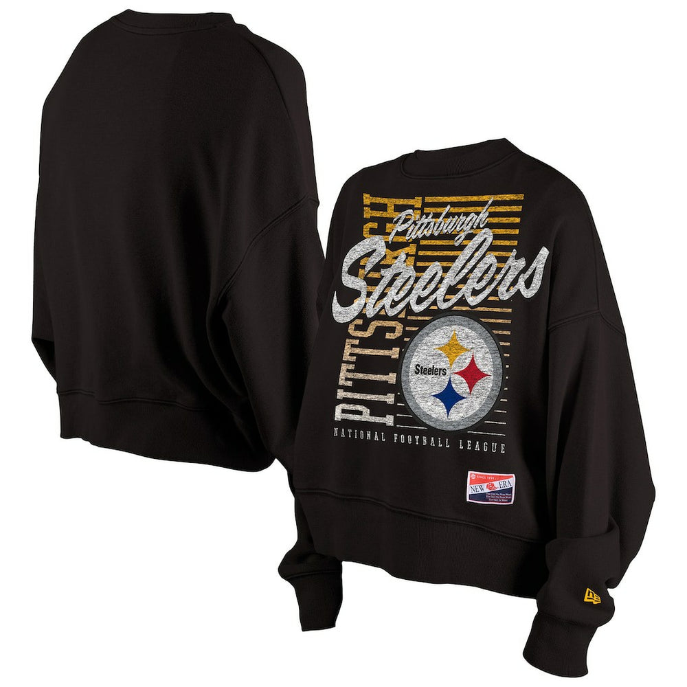 Pittsburgh Steelers New Era Women's Oversized Throwback Mineral Wash Crew Neck Sweatshirt Black | NFL