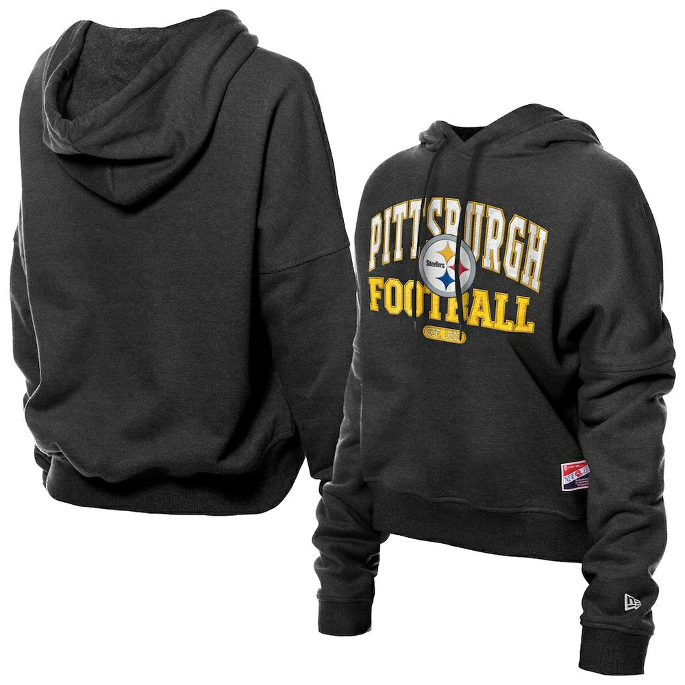 Pittsburgh Steelers New Era Women's Throwback Boxy Hoodie Sweatshirt Black | NFL