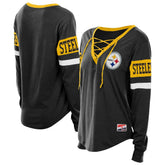 Pittsburgh Steelers New Era Women's Throwback Lace-Up Long-Sleeve T-Shirt Black | NFL