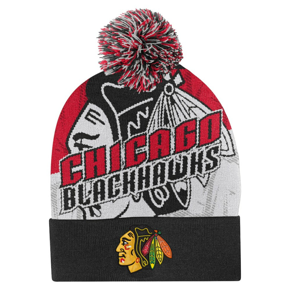 Chicago Blackhawks Outerstuff Youth New Edge Cuffed Knit Hat with Pom - Red - NHL
