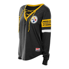 Pittsburgh Steelers New Era Women's Plus Size Throwback Lace-Up Long Sleeve T-Shirt Black | NFL