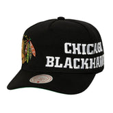 Chicago Blackhawks Mitchell & Ness Busted Logo Wordmark Wrap Around Pro Pinch Adjustable Hat - Black - NHL