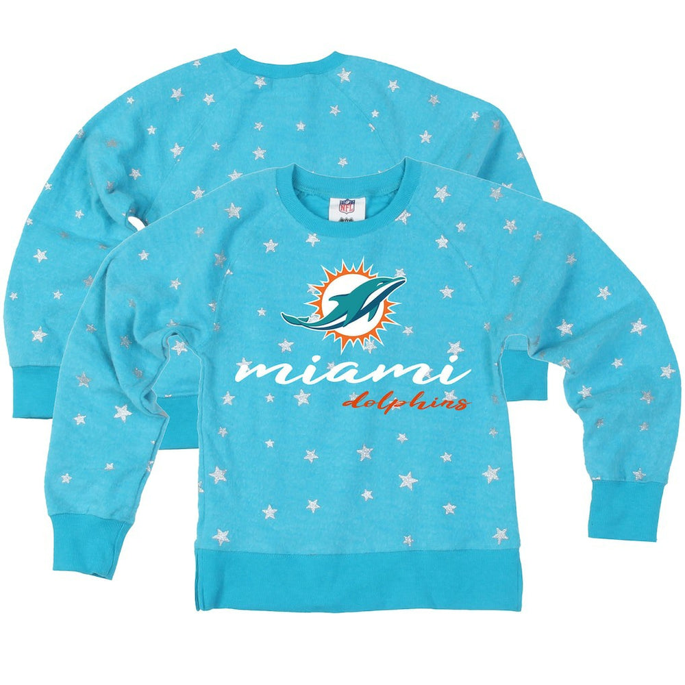 Miami Dolphins Wes & Willy Girls Youth Shimmer Star Reverse Fleece Pullover Sweatshirt Aqua | NFL