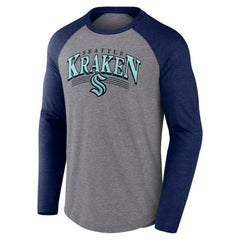 Seattle Kraken Fanatics Goal Crease Raglan Tri-Blend Long Sleeve T-Shirt - Heather Gray/Heather Deep Sea Blue - NHL