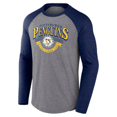 Pittsburgh Penguins Fanatics Goal Crease Raglan Tri-Blend Long Sleeve T-Shirt - Heather Gray/Heather Navy - NHL