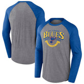 St. Louis Blues Fanatics Goal Crease Raglan Tri-Blend Long Sleeve T-Shirt - Heather Gray/Heather Blue - NHL