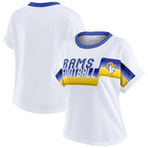 Los Angeles Rams WEAR by Erin Andrews Women's Cropped Center Stripe Dolman T-Shirt White | NFL