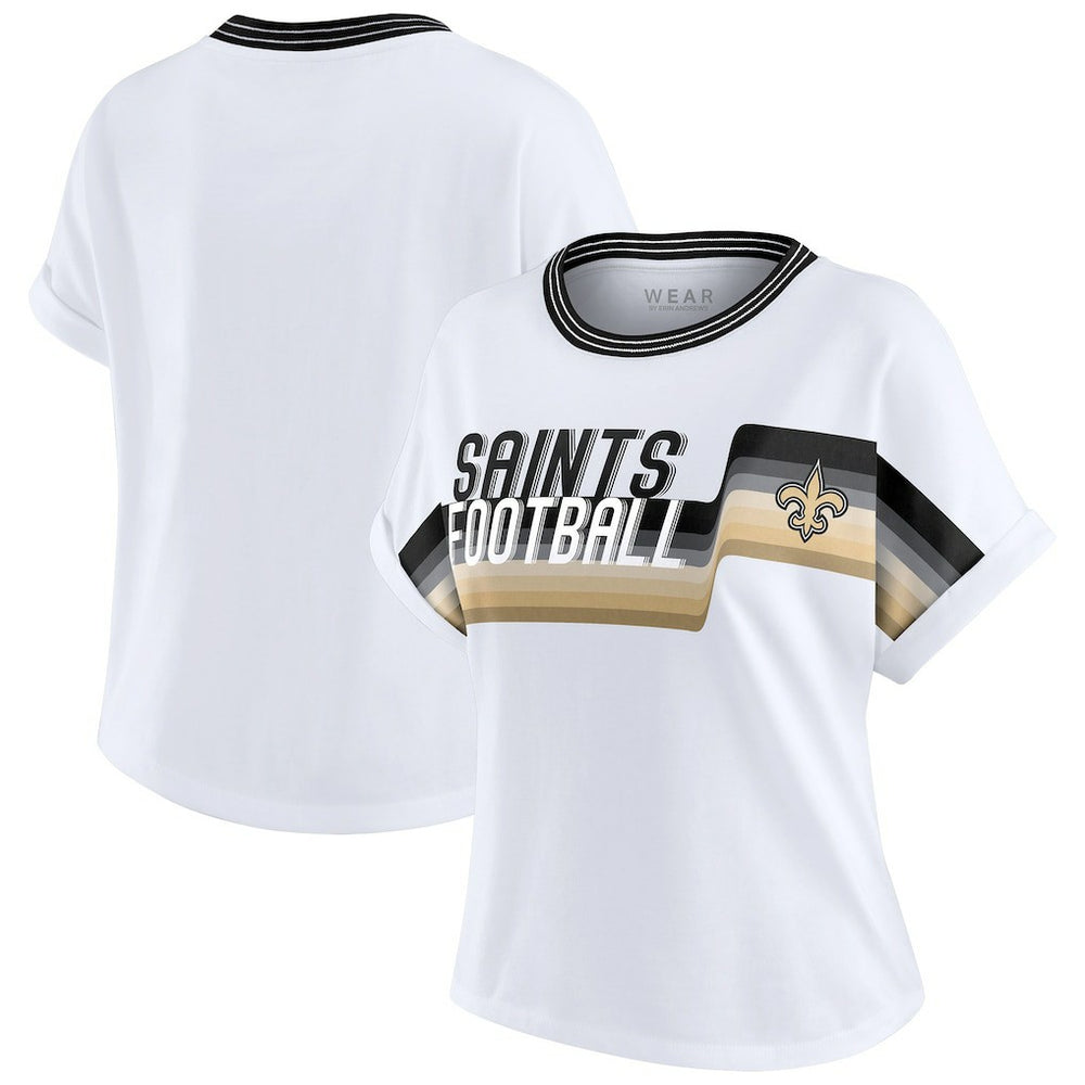 New Orleans Saints WEAR by Erin Andrews Women's Cropped Center Stripe Dolman T-Shirt White | NFL