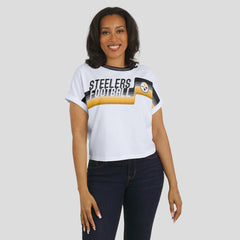 Pittsburgh Steelers WEAR by Erin Andrews Women's Cropped Center Stripe Dolman T-Shirt White | NFL