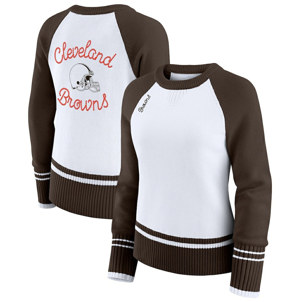 Cleveland Browns WEAR by Erin Andrews Women's Colorblock Raglan Sweater White/Brown | NFL