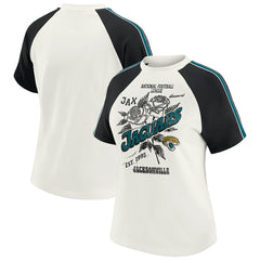 Jacksonville Jaguars WEAR by Erin Andrews Women's Sleeve Stripe Distressed Raglan T-Shirt White | NFL