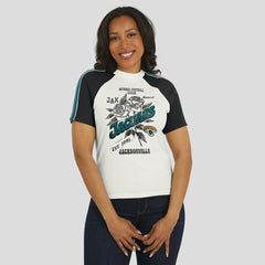 Jacksonville Jaguars WEAR by Erin Andrews Women's Sleeve Stripe Distressed Raglan T-Shirt White | NFL
