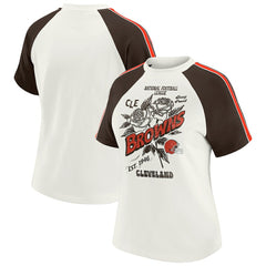 Cleveland Browns WEAR by Erin Andrews Women's Sleeve Stripe Distressed Raglan T-Shirt White | NFL