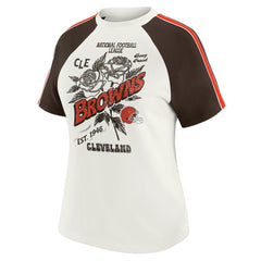 Cleveland Browns WEAR by Erin Andrews Women's Sleeve Stripe Distressed Raglan T-Shirt White | NFL