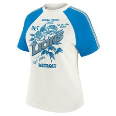 Detroit Lions WEAR by Erin Andrews Women's Sleeve Stripe Distressed Raglan T-Shirt White | NFL