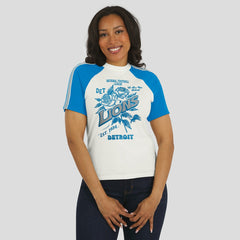 Detroit Lions WEAR by Erin Andrews Women's Sleeve Stripe Distressed Raglan T-Shirt White | NFL