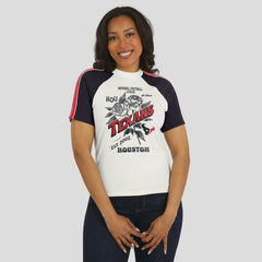 Houston Texans WEAR by Erin Andrews Women's Sleeve Stripe Distressed Raglan T-Shirt White | NFL