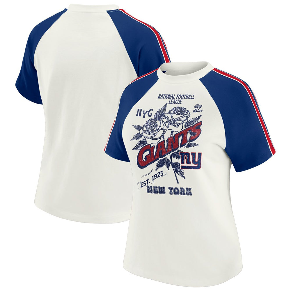 New York Giants WEAR by Erin Andrews Women's Sleeve Stripe Distressed Raglan T-Shirt White | NFL