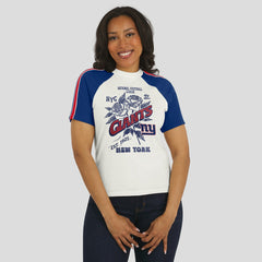 New York Giants WEAR by Erin Andrews Women's Sleeve Stripe Distressed Raglan T-Shirt White | NFL