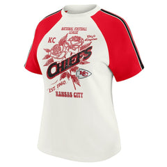 Kansas City Chiefs WEAR by Erin Andrews Women's Sleeve Stripe Distressed Raglan T-Shirt White | NFL