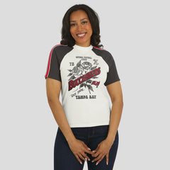 Tampa Bay Buccaneers WEAR by Erin Andrews Women's Sleeve Stripe Distressed Raglan T-Shirt White | NFL