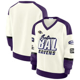 Baltimore Ravens WEAR by Erin Andrews Women's Racing Crew V-Neck Sweatshirt Cream | NFL
