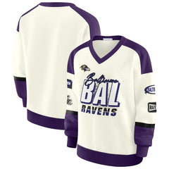 Baltimore Ravens WEAR by Erin Andrews Women's Racing Crew V-Neck Sweatshirt Cream | NFL