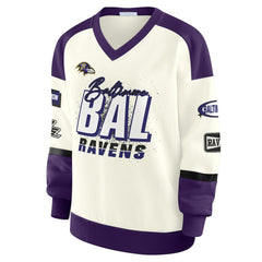 Baltimore Ravens WEAR by Erin Andrews Women's Racing Crew V-Neck Sweatshirt Cream | NFL