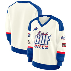 Buffalo Bills WEAR by Erin Andrews Women's Racing Crew V-Neck Sweatshirt Cream | NFL