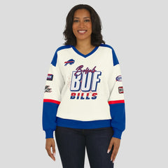 Buffalo Bills WEAR by Erin Andrews Women's Racing Crew V-Neck Sweatshirt Cream | NFL