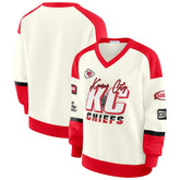 Kansas City Chiefs WEAR by Erin Andrews Women's Racing Crew V-Neck Sweatshirt Cream | NFL