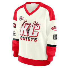 Kansas City Chiefs WEAR by Erin Andrews Women's Racing Crew V-Neck Sweatshirt Cream | NFL
