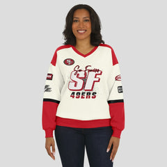 San Francisco 49ers WEAR by Erin Andrews Women's Racing Crew V-Neck Sweatshirt Cream | NFL