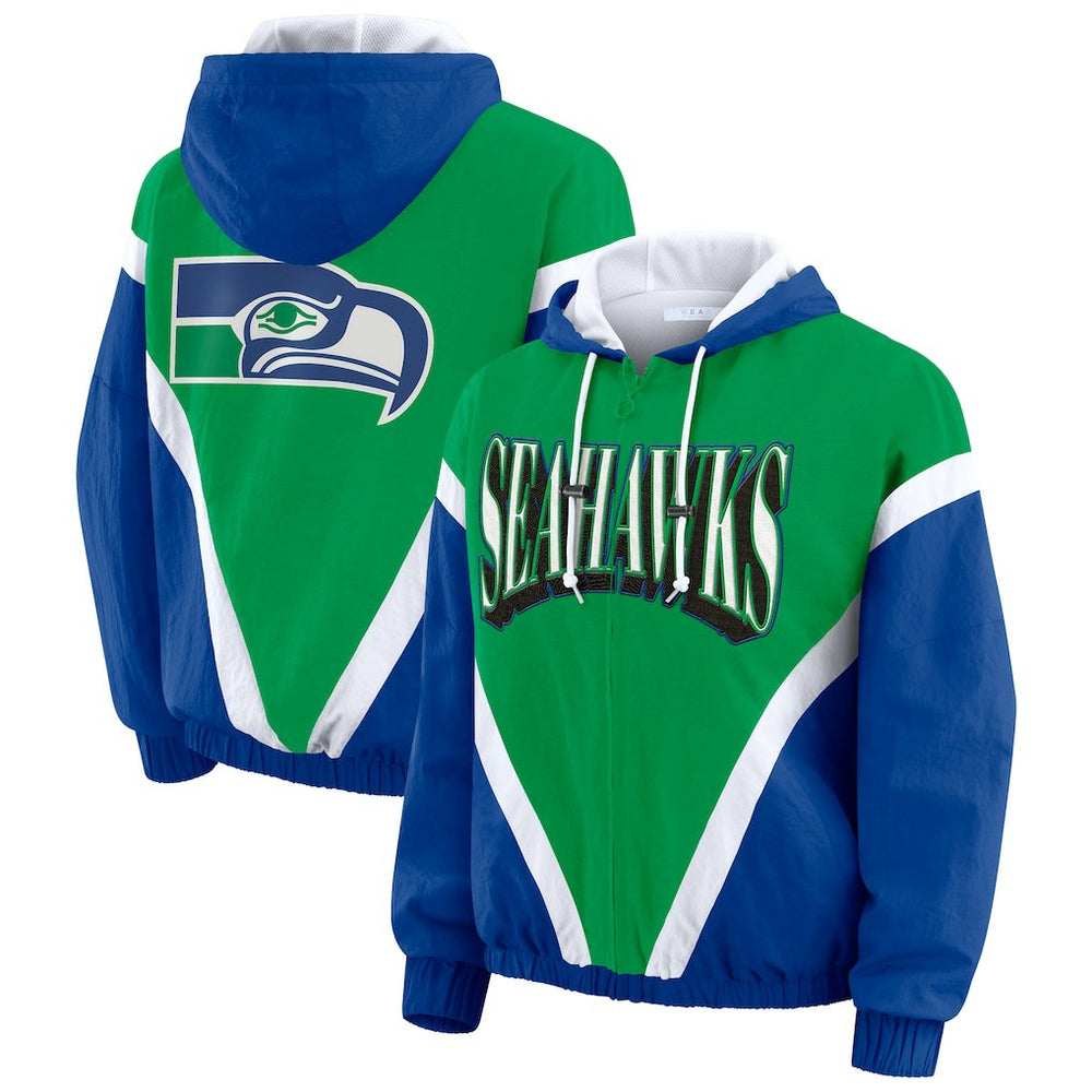 Seattle Seahawks WEAR by Erin Andrews Women's Plus Size Retro Crinkle Full-Zip Hoodie Windbreaker Jacket Kelly Green/Royal | NFL